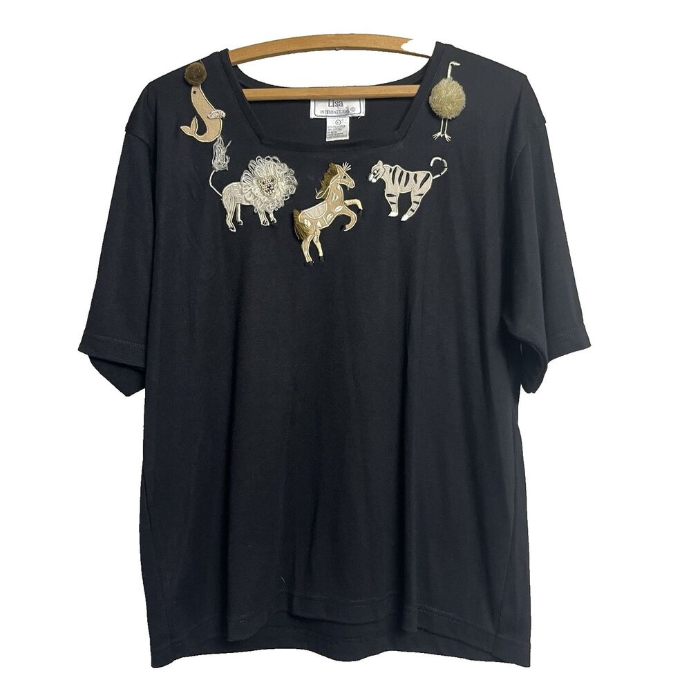 VTG Lisa International Embellished‎ Animal Top Horse Ostrich Zebra Lion Seal Tee